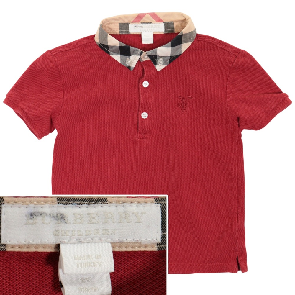 Burberry Polo Shirt Nova Check Collar Embroidered Logo Red Cotton Kids 3Y